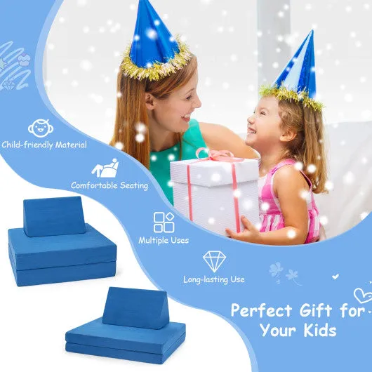 4-Piece Convertible Kids Couch Set With 2 Folding Mats-Blue