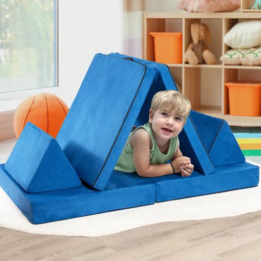 4-Piece Convertible Kids Couch Set With 2 Folding Mats-Blue