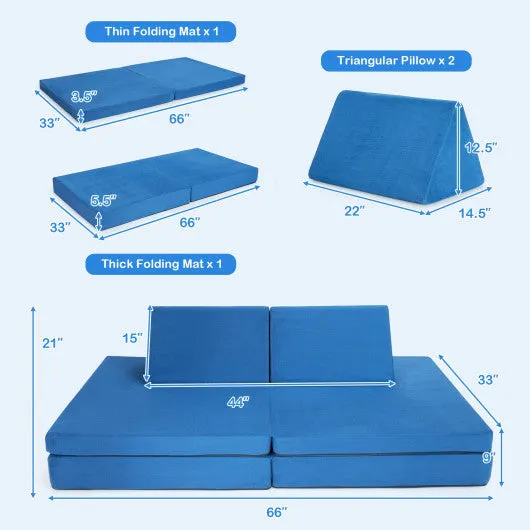 4-Piece Convertible Kids Couch Set With 2 Folding Mats-Blue