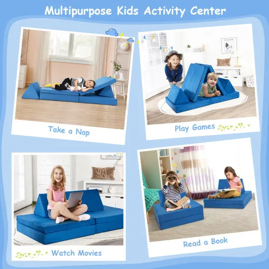 4-Piece Convertible Kids Couch Set With 2 Folding Mats-Blue