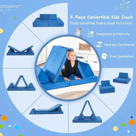 4-Piece Convertible Kids Couch Set With 2 Folding Mats-Blue