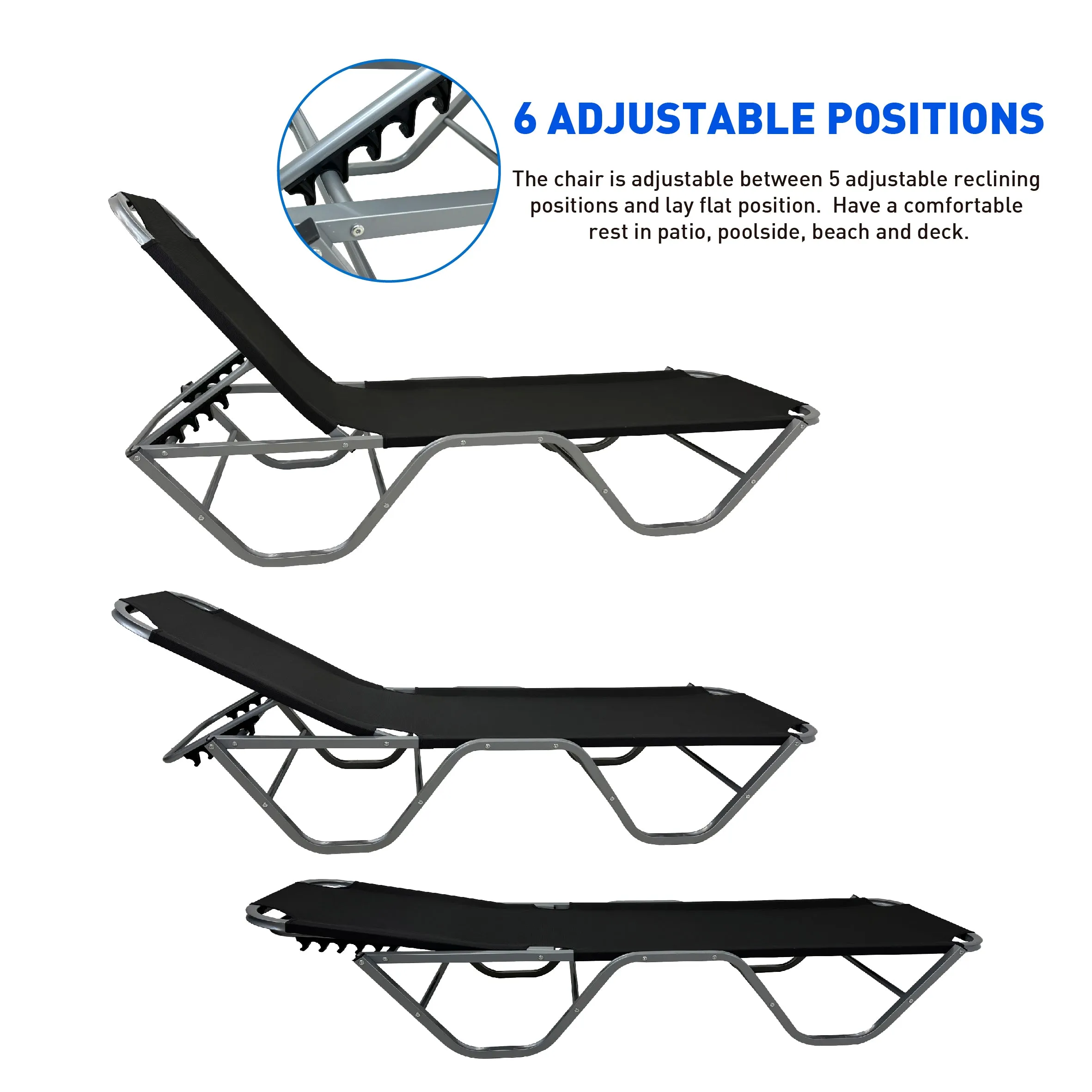 EasyGo Product Chaise Lounger – Aluminum Sun Lounge Chair – Adjustable Outdoor Patio Beach Porch Swing Pool-Five-Position Recliner-Lightweight All Weather, 2 Pack Black
